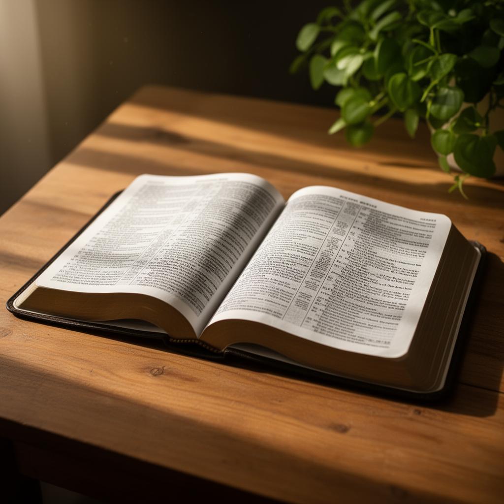 Bible ouverte éclairée par une lumière douce