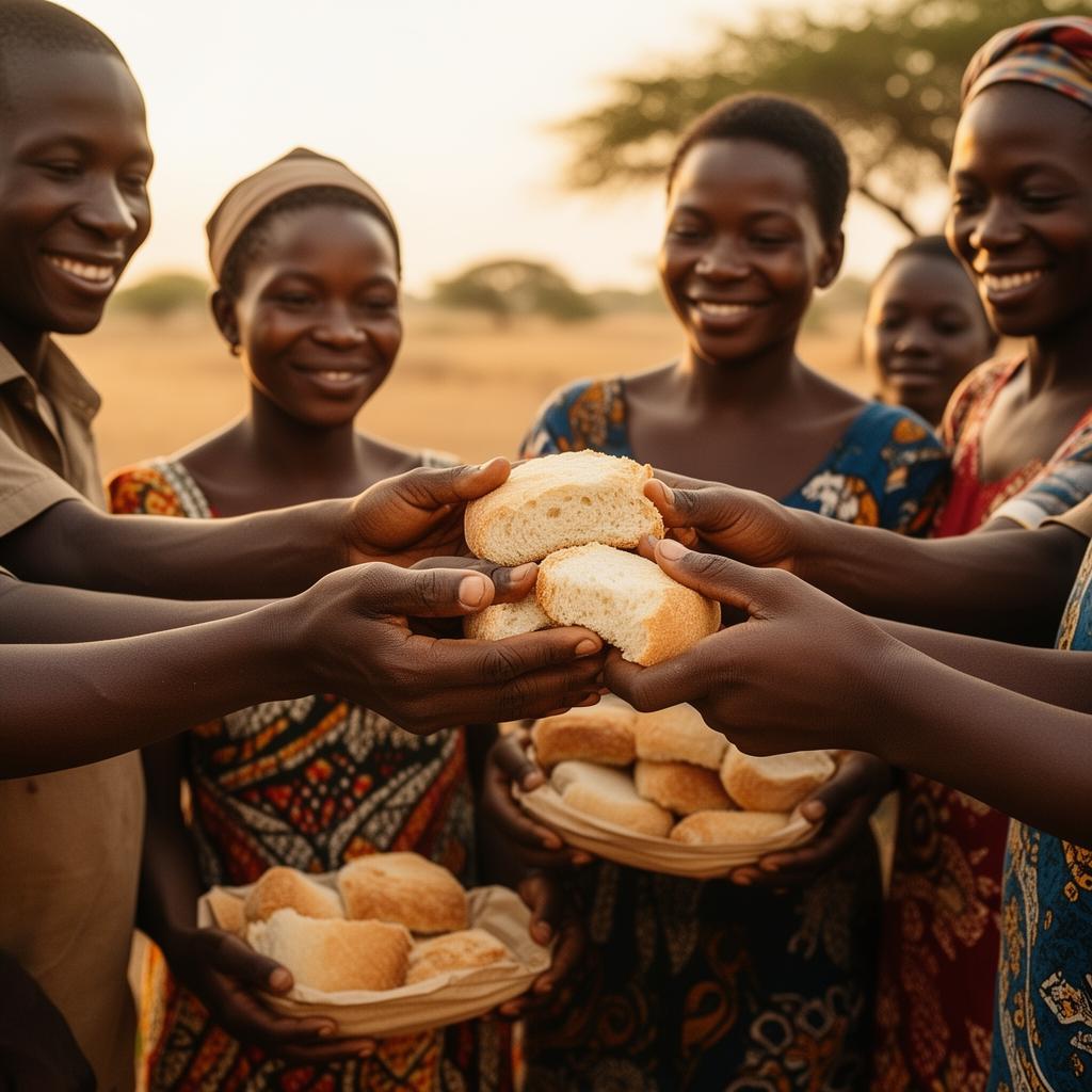 Communauté partageant le pain lors d'une action caritative