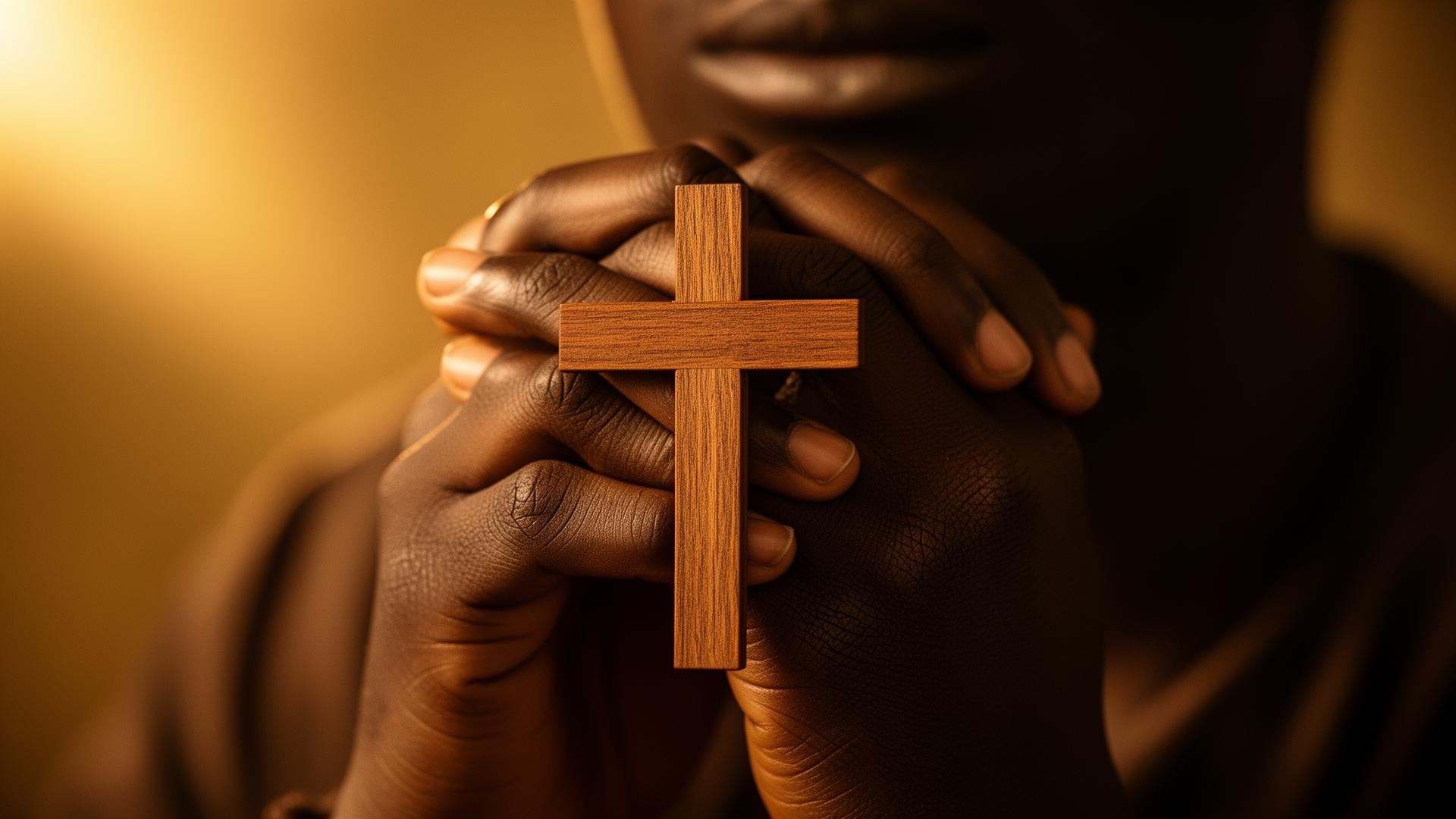 Mains jointes tenant une croix en bois, lumière douce de prière