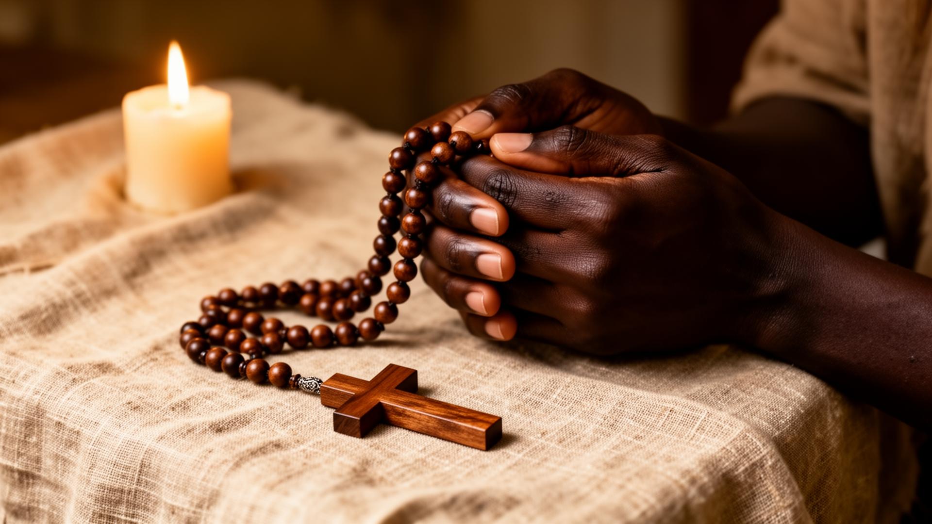 Rosaire en bois posé sur du lin, éclairé par une bougie