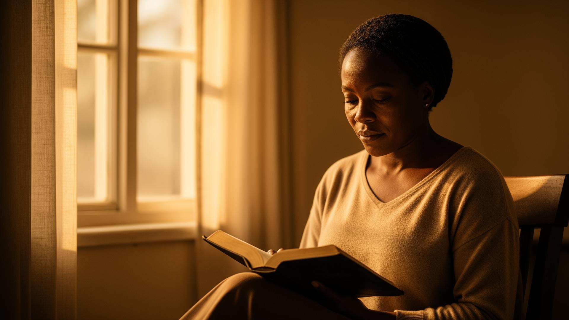 Femme en méditation lisant la Bible à la lumière chaude